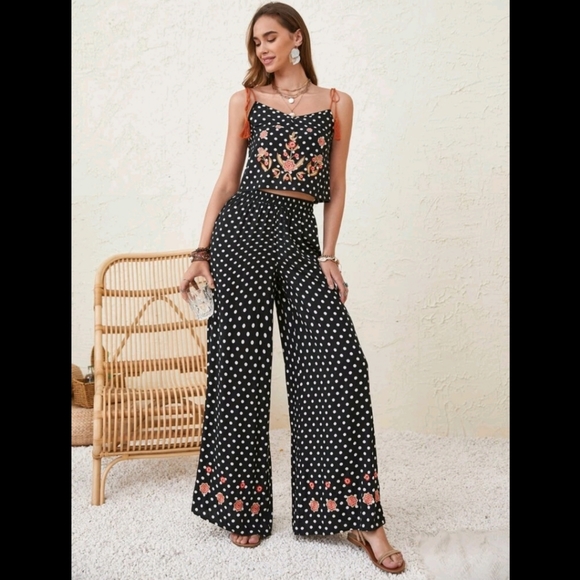 Pants - Polka Dot Floral Embroidered  Cami Top & Wide Leg Pants